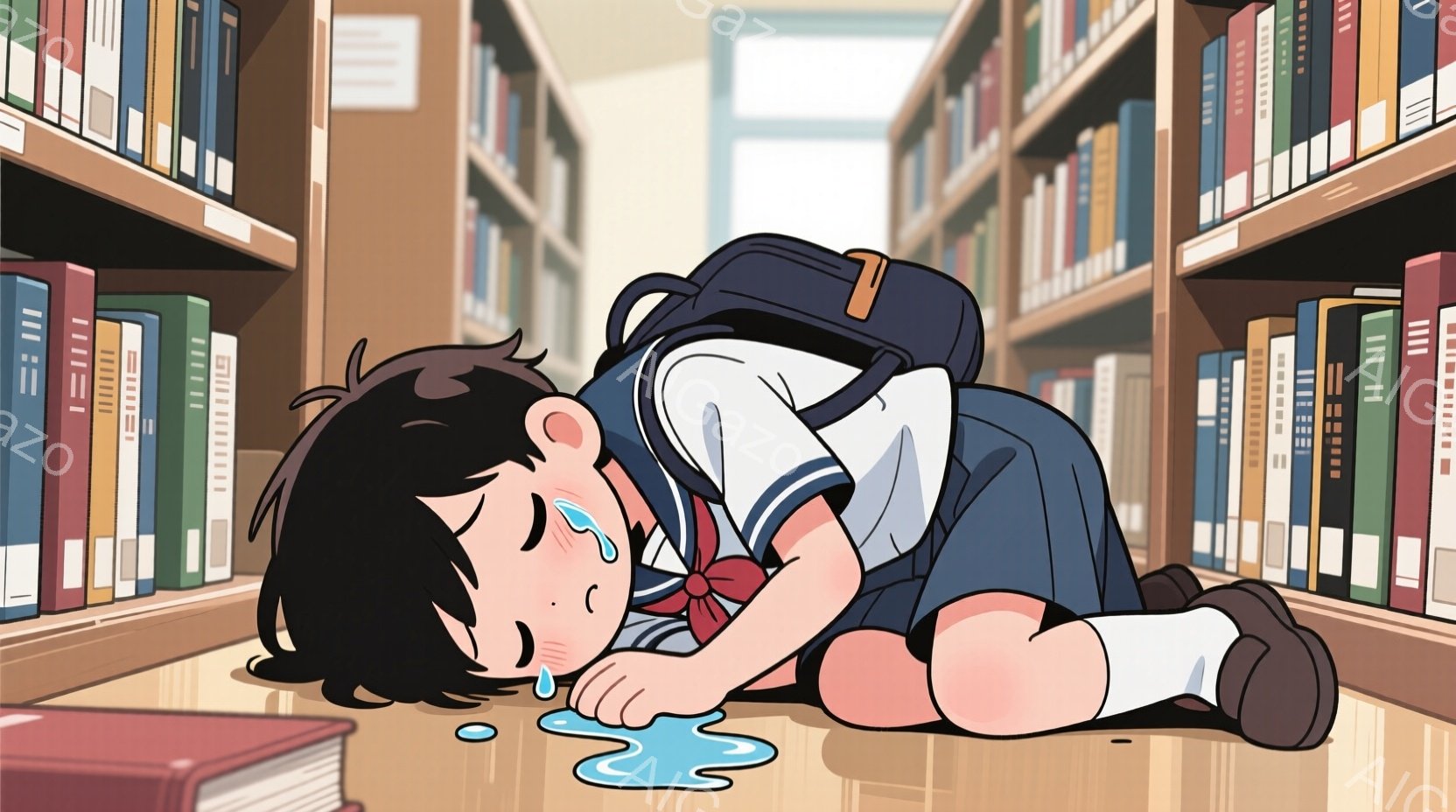 短い黒髪の少女が、図書館の床に膝をついてうつ伏せになっている。制服は濃い青色のブレザーに白いシャツ、赤いリボンで、膝下まで白い靴下を履いている。少女の表情は悲しそうで、頬から涙が流れ落ち、床に水たまり - AI生成フリー素材