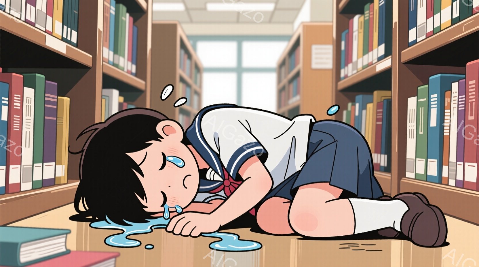 図書館の床に少女がうつ伏せで倒れています。彼女はセーラー服を着ており、長い黒髪は肩のあたりで広がっています。彼女の顔は床につけられ、涙が流れ、絶望的な表情をしています。
