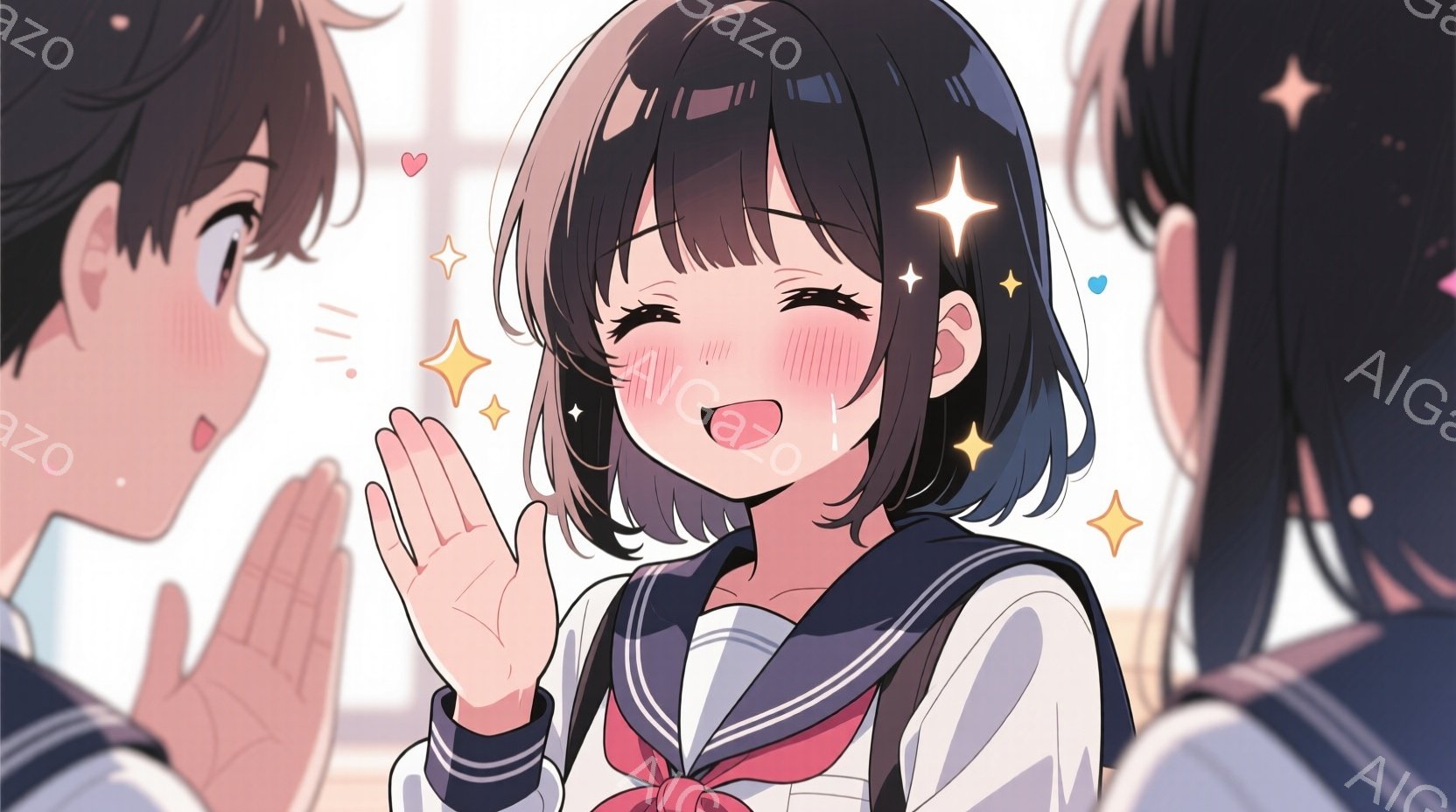制服を着た少女が片手を広げて笑顔を見せています。彼女は短い黒髪で、頬は赤く染まり、明るい表情をしています。背景には他の人物が少し見え、全体的に明るく可愛らしい雰囲気が漂っています。 - AI生成フリー素材