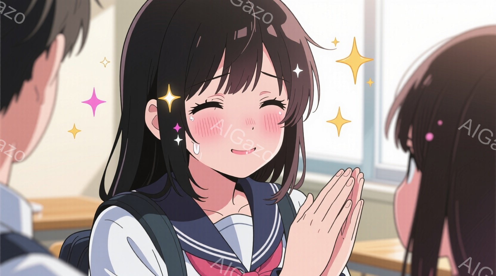 黒髪の少女が、両手を合わせて祈るように組んでいます。彼女はセーラー服を着ており、頬は赤く染まり、嬉しそうな表情をしています。背景には教室らしきものがぼんやりと見え、窓から差し込む光が柔らかい雰囲気を醸 - AI生成フリー素材