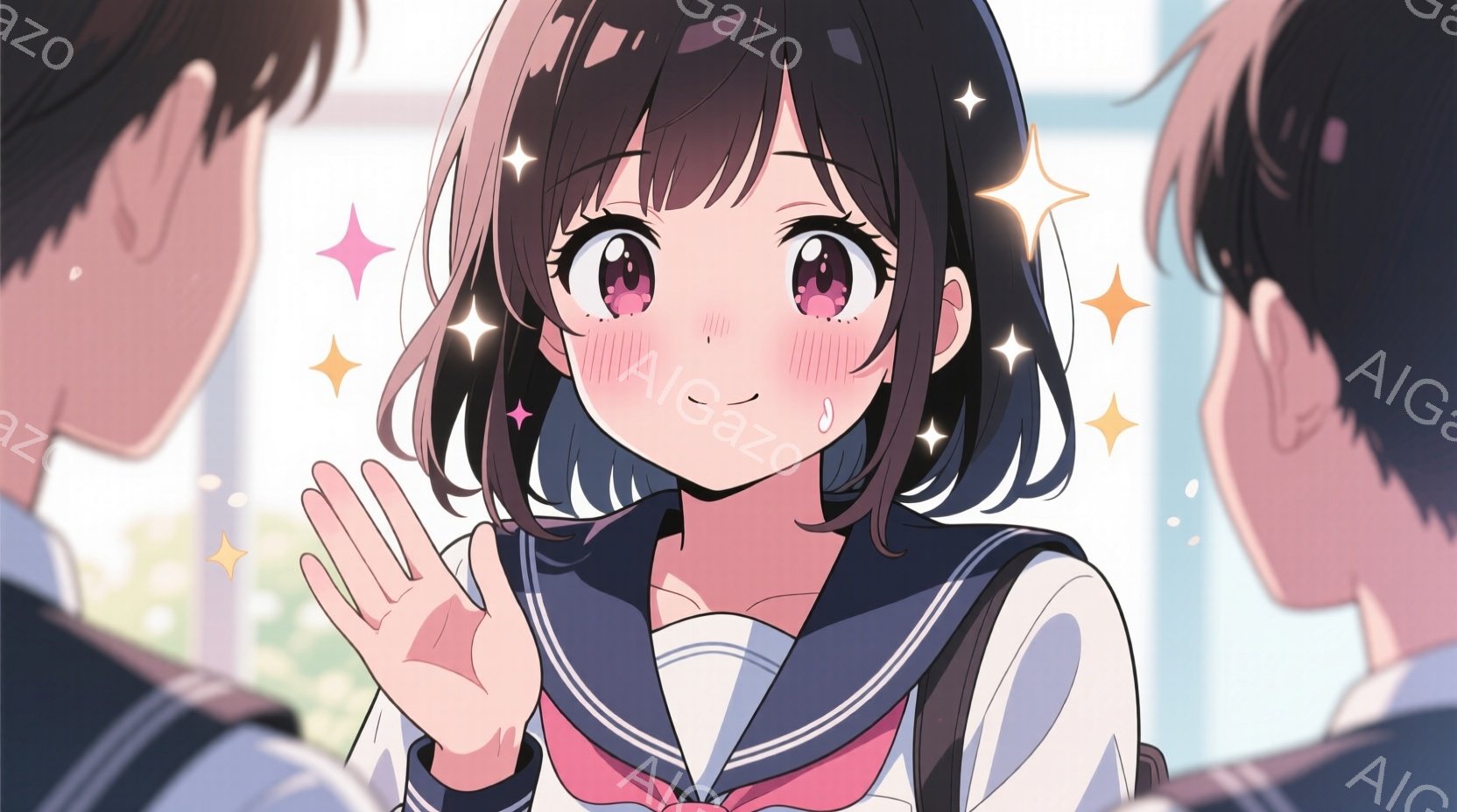 画像の中心には、黒髪のショートヘアに頬を赤らめた少女が描かれています。彼女はセーラー服を着ており、片手を差し出し、嬉しそうな表情をしています。背景は緑豊かな自然で、光が差し込み、明るく優しい雰囲気を醸し出しています。