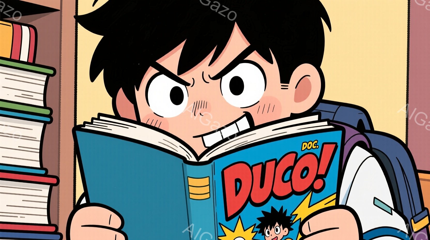 少年は青いカバーに赤い文字で「DUCO!」と書かれた本を真剣な表情で読んでいます。彼は黒い髪で、少し怒ったような顔をしており、肩にリュックサックを背負っています。背景には様々な色の本棚があり、集中して - AI生成フリー素材