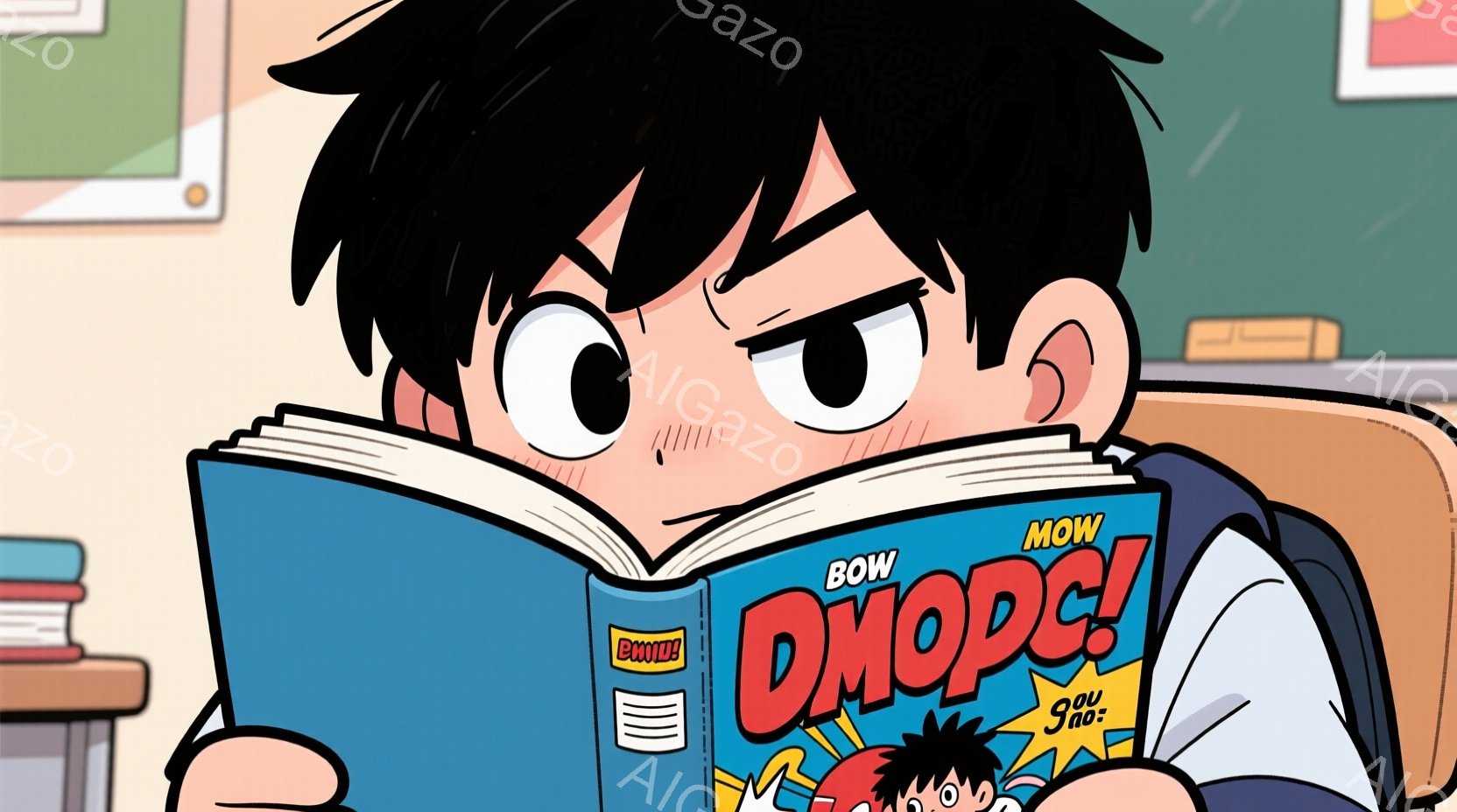 少年は本に集中して読んでおり、青いTシャツを着ています。彼の髪は黒く、少し跳ね上がっていて、目は大きく見開いており、集中している様子が伺えます。背景には本棚が見え、漫画のようなカラフルな雰囲気です。 - AI生成フリー素材