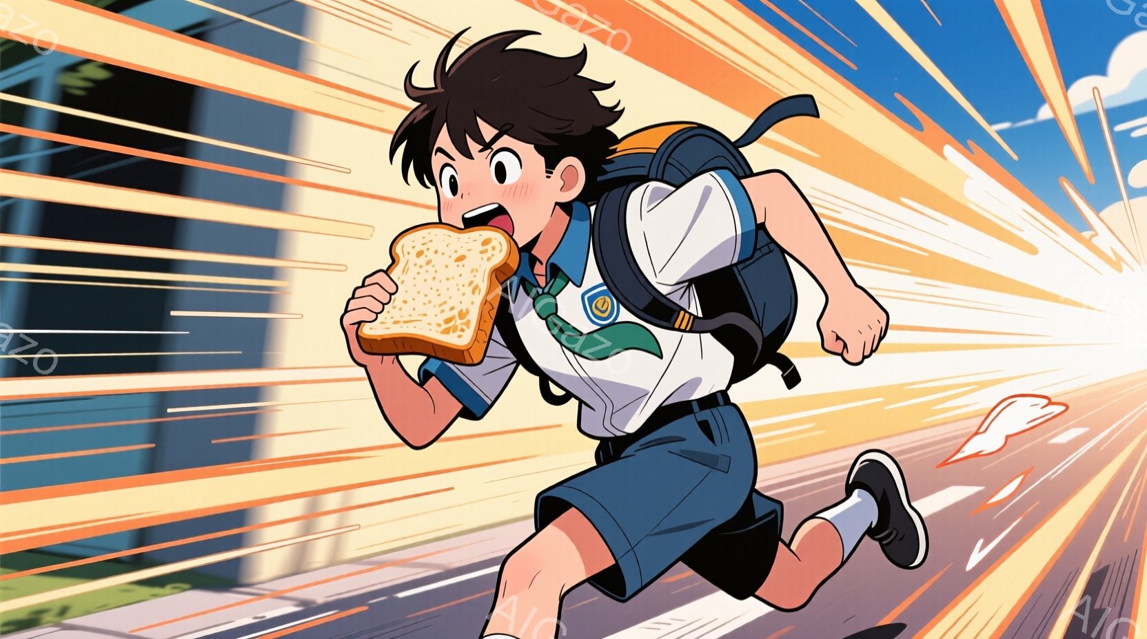 制服を着た少年が、片手にトーストを持って走り出している様子が描かれている。彼は黒髪で、少し驚いた表情をしており、動きの速さを強調するために背景には速度線が描かれている。背景には建物が見え、明るい日差しが差し込んでいることから、活気のある朝のシーンであることがわかる。