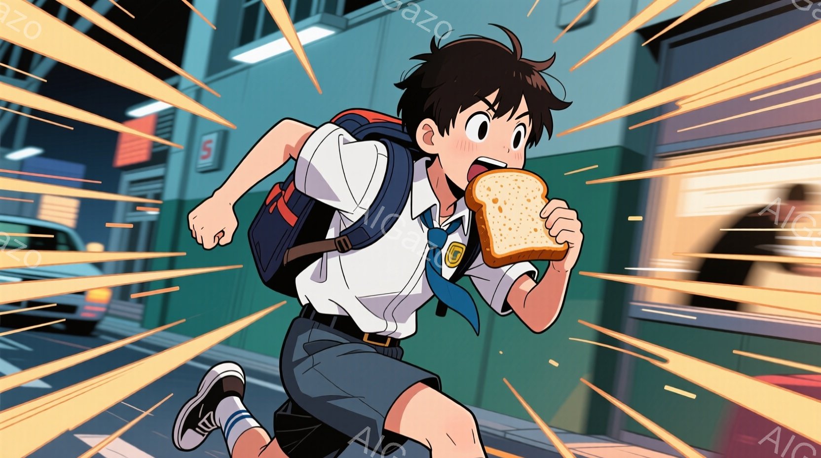 制服を着た少年が、片手にトーストを持って走り出している。彼は黒髪で、少し驚いた表情をしており、動きの速さを強調するスピードラインが背景に描かれている。背景には、ぼやけた建物や車両が見え、夜の街並みを思わせる光が灯っている。