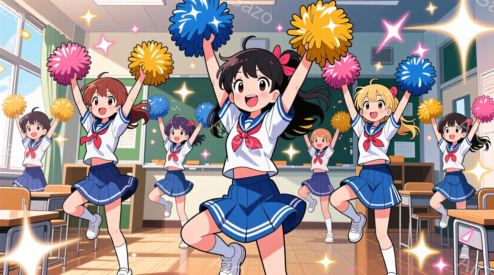 制服を着た少女たちが教室でポンポンを持ってジャンプしている様子が描かれています。彼女たちは白いブラウス、濃い青のスカート、赤いリボンを結んだ髪をしており、顔には笑顔が浮かんでいます。教室には机と椅子が - AI生成フリー素材