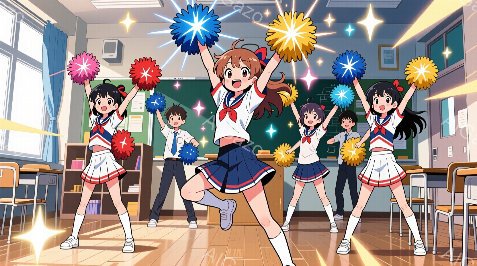 制服を着た生徒たちがポンポンを持って飛び跳ねています。女の子は白いブラウスに青いスカート、赤いリボンと白い靴下を履いており、髪型はポニーテールやツインテールなど様々です。教室の背景には黒板や机があり、 - AI生成フリー素材