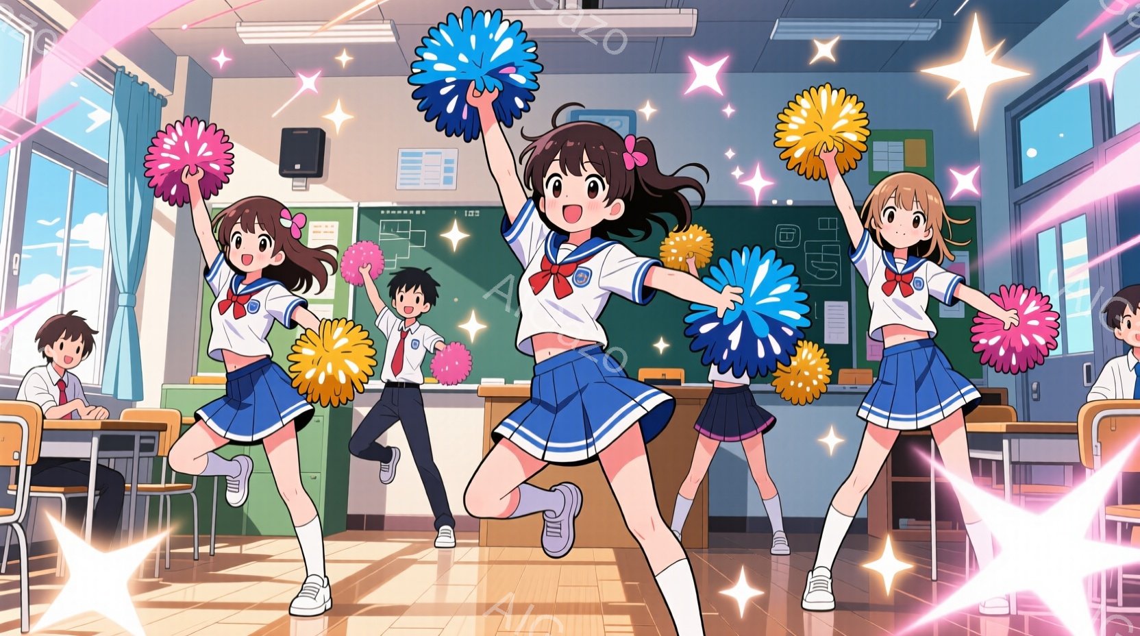 教室の中で、制服を着た生徒たちがポンポンを持ってジャンプしているアニメ風のイラストです。女の子は紺色のリボンと短いスカートの制服を着ており、明るい笑顔を浮かべています。教室には机や椅子が並び、窓からは - AI生成フリー素材