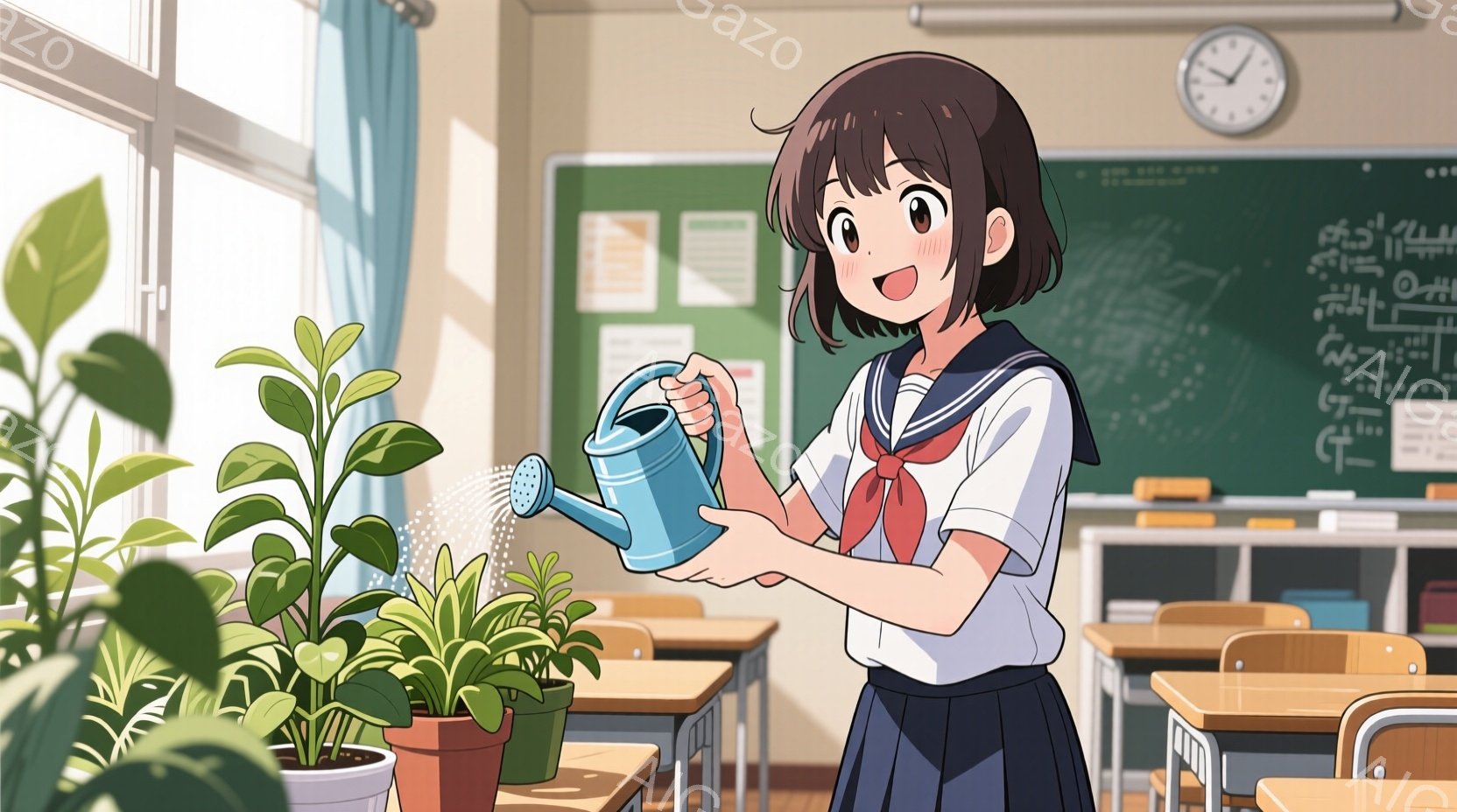 茶髪の少女が教室で水やりをしている様子が描かれています。彼女はセーラー服を着ており、明るい表情で植物に水をかけています。教室には机や椅子が並び、黒板には何かの図が描かれており、穏やかで優しい雰囲気が漂 - AI生成フリー素材