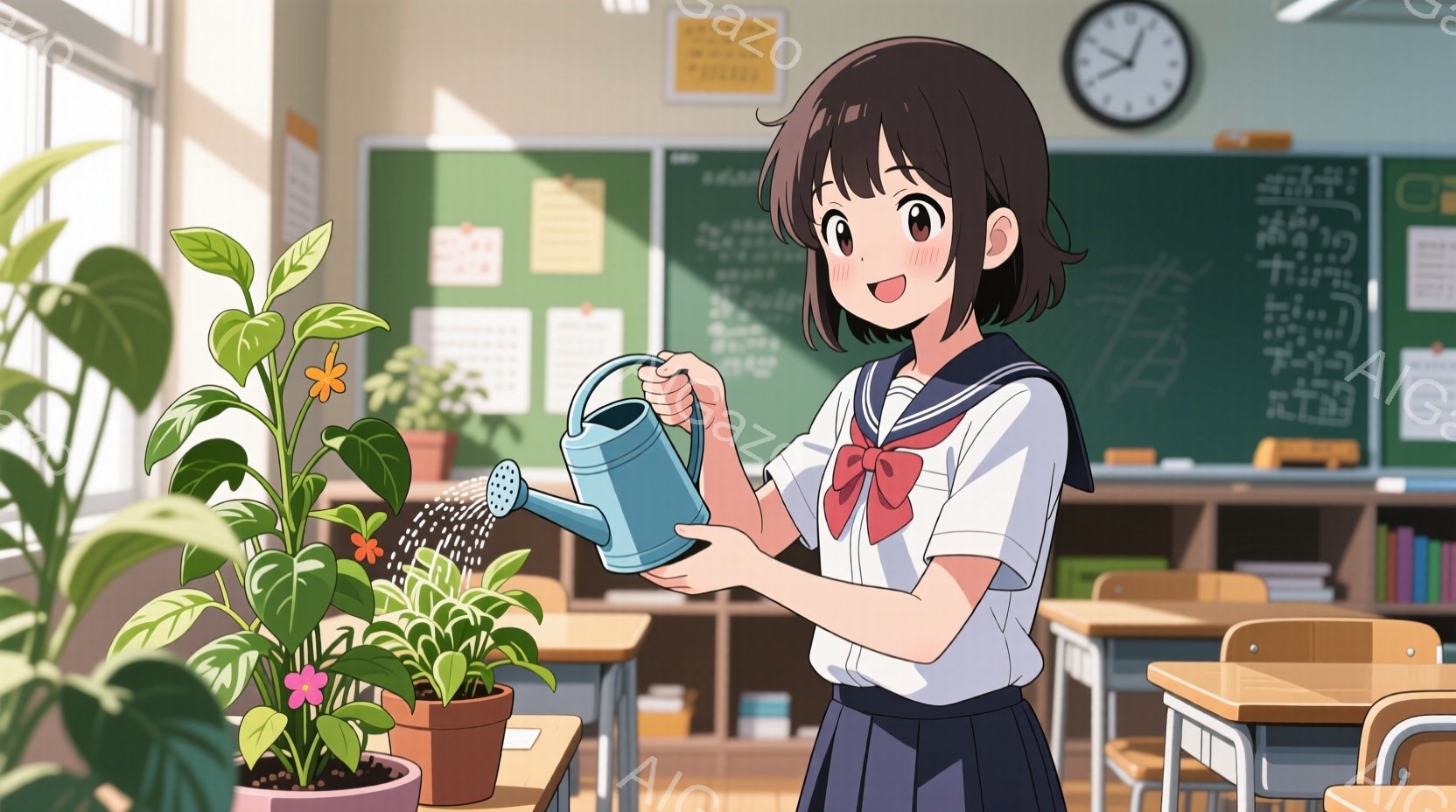 明るい教室で、茶色のショートヘアにリボンを結んだ女子学生が、鉢植えの植物に優しく水をやっています。紺色のブレザーと白いシャツ、チェックのスカートという制服姿で、顔には笑顔が浮かび、楽しそうに植物の世話 - AI生成フリー素材