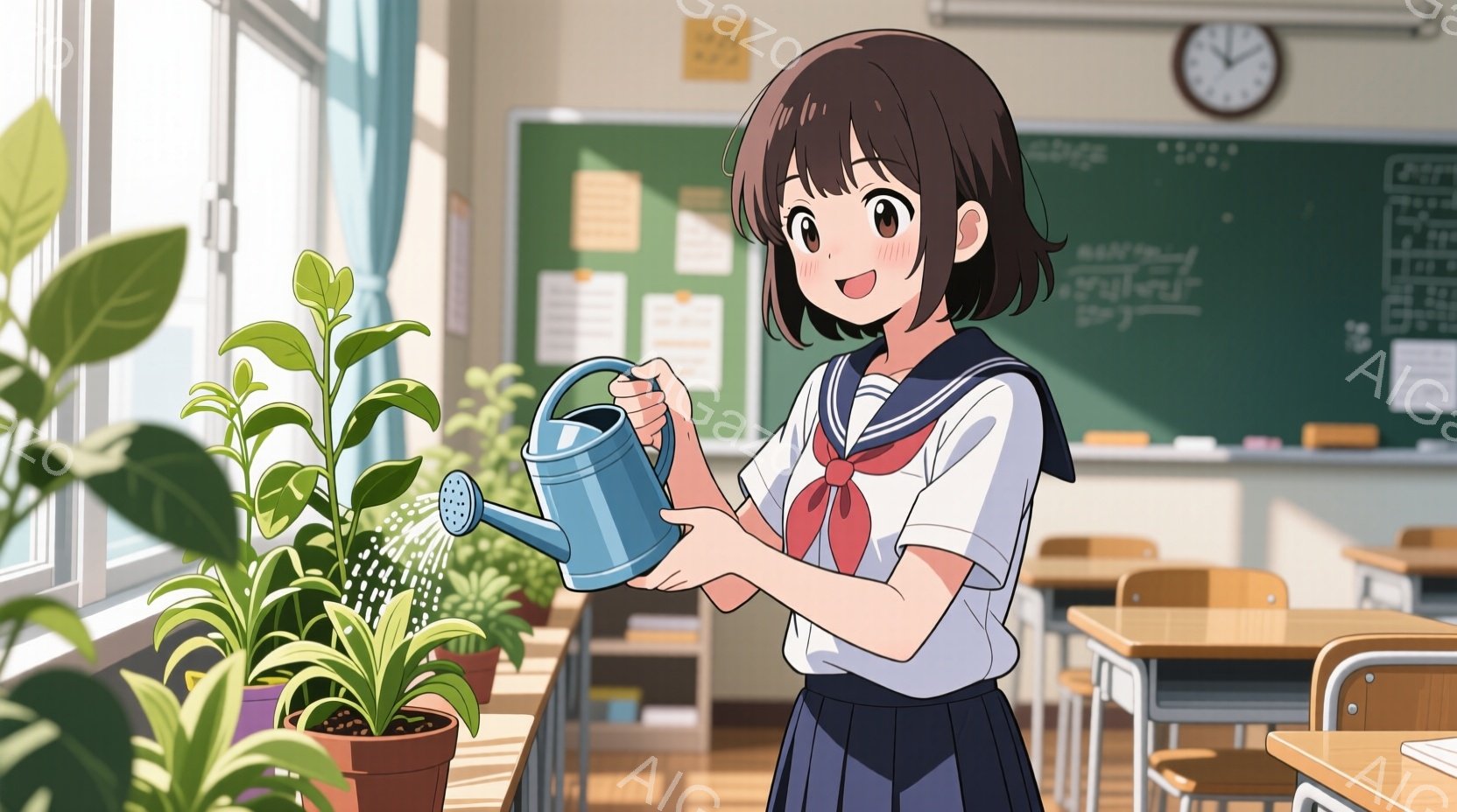 茶髪の少女が教室でジョウロを使って植物に水をやっています。彼女は制服を着ており、赤いリボンが結ばれています。背景には窓から差し込む光と、黒板、机、椅子が見え、明るく穏やかな雰囲気が漂っています。