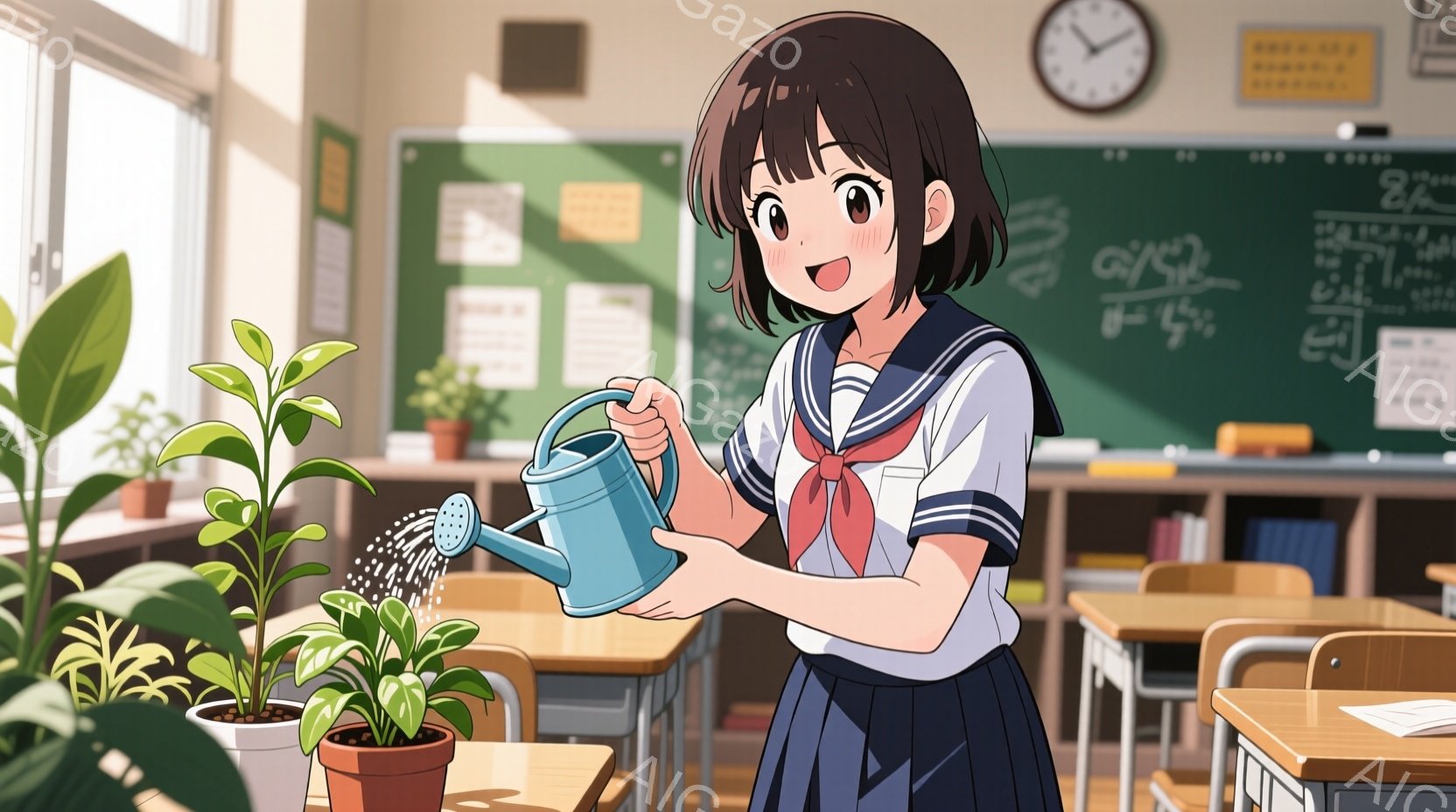 少女は教室で植物に水をやっています。彼女はセーラー服を着ており、茶色のショートヘアで、笑顔で前を見つめています。教室には机や椅子が並び、黒板には数式が書かれており、明るく穏やかな雰囲気です。