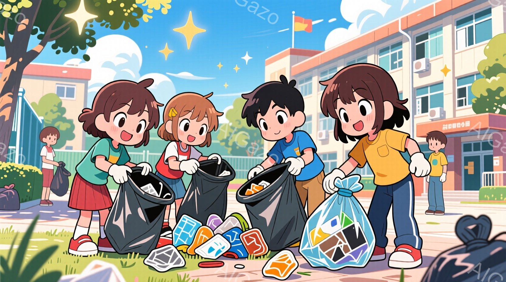 ３人の子供たちがゴミ拾いをしており、それぞれ黒いゴミ袋を持っています。女の子はピンクのスカートと赤い髪、もう一人はオレンジ色のシャツに黒いショートヘア、男の子は青いシャツに黒い髪です。背景には学校の建物と緑豊かな木々があり、晴れた青空の下、活気のある雰囲気です。