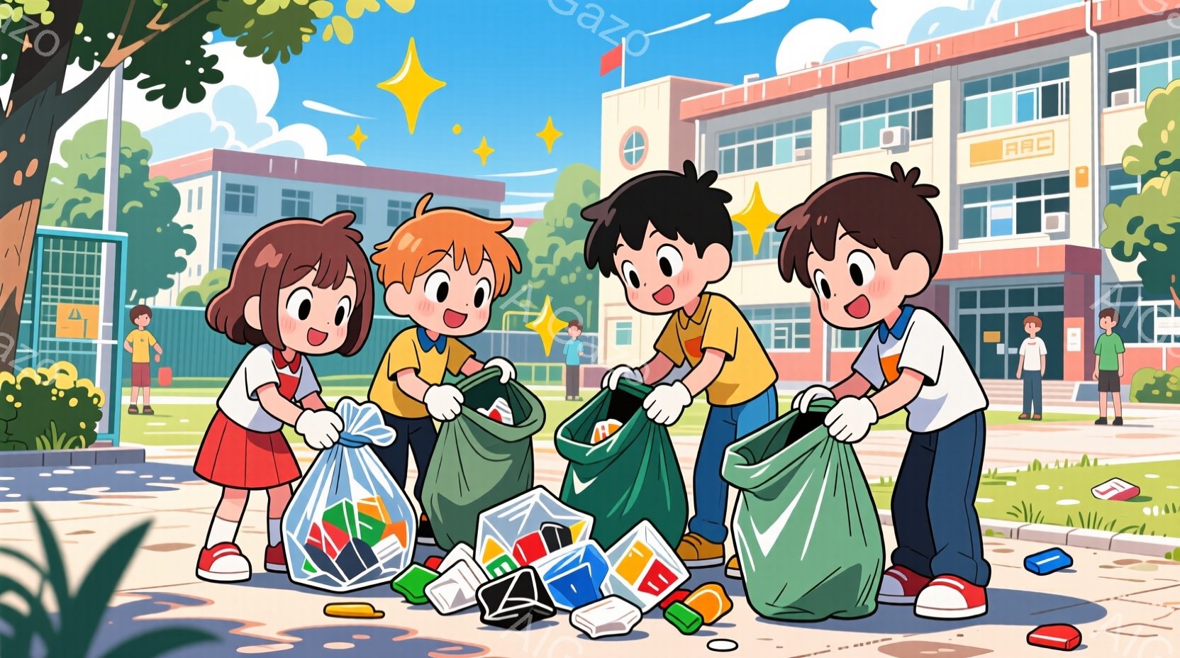 明るい晴天の下、小学生の男女４人がゴミ拾いをしているイラストです。それぞれ赤、オレンジ、黒、青の髪をしており、制服に似た服装で、笑顔でゴミ袋を抱え、拾ったゴミを袋に入れています。背景には、学校の建物と緑豊かな木々が見え、活気ある学校生活の一コマを切り取ったような、温かく希望に満ちた雰囲気です。