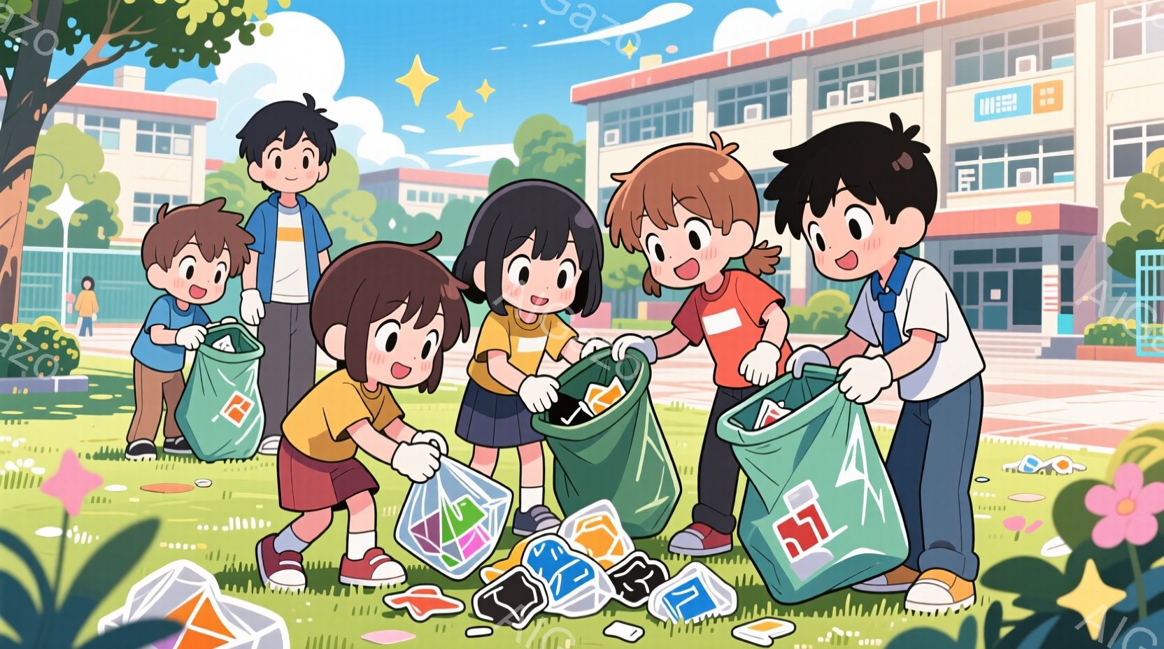 明るい晴天の下、小学生らしき子供たちがゴミ拾いをしています。それぞれ違う色のTシャツとスカートやズボンを着用し、笑顔でゴミ袋いっぱいのゴミを集めています。背景には学校の建物と緑豊かな草地があり、花々も咲き誇り、活気に満ちた、温かい雰囲気です。