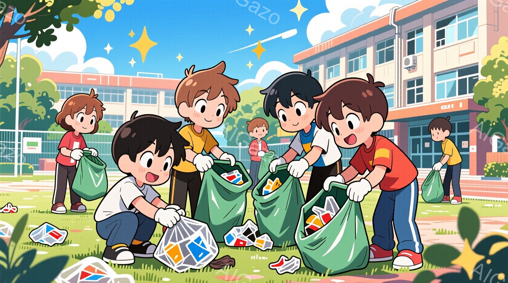 複数の子供たちが学校の敷地でゴミ拾いをしており、それぞれ緑色のゴミ袋を持っています。彼らは皆、短髪で、明るい色のTシャツとズボンを着用しており、活発で笑顔を見せています。背景には学校の建物、青空、緑の芝生、そしてわずかに見える木々があり、晴れた日の活動的な雰囲気が漂います。
