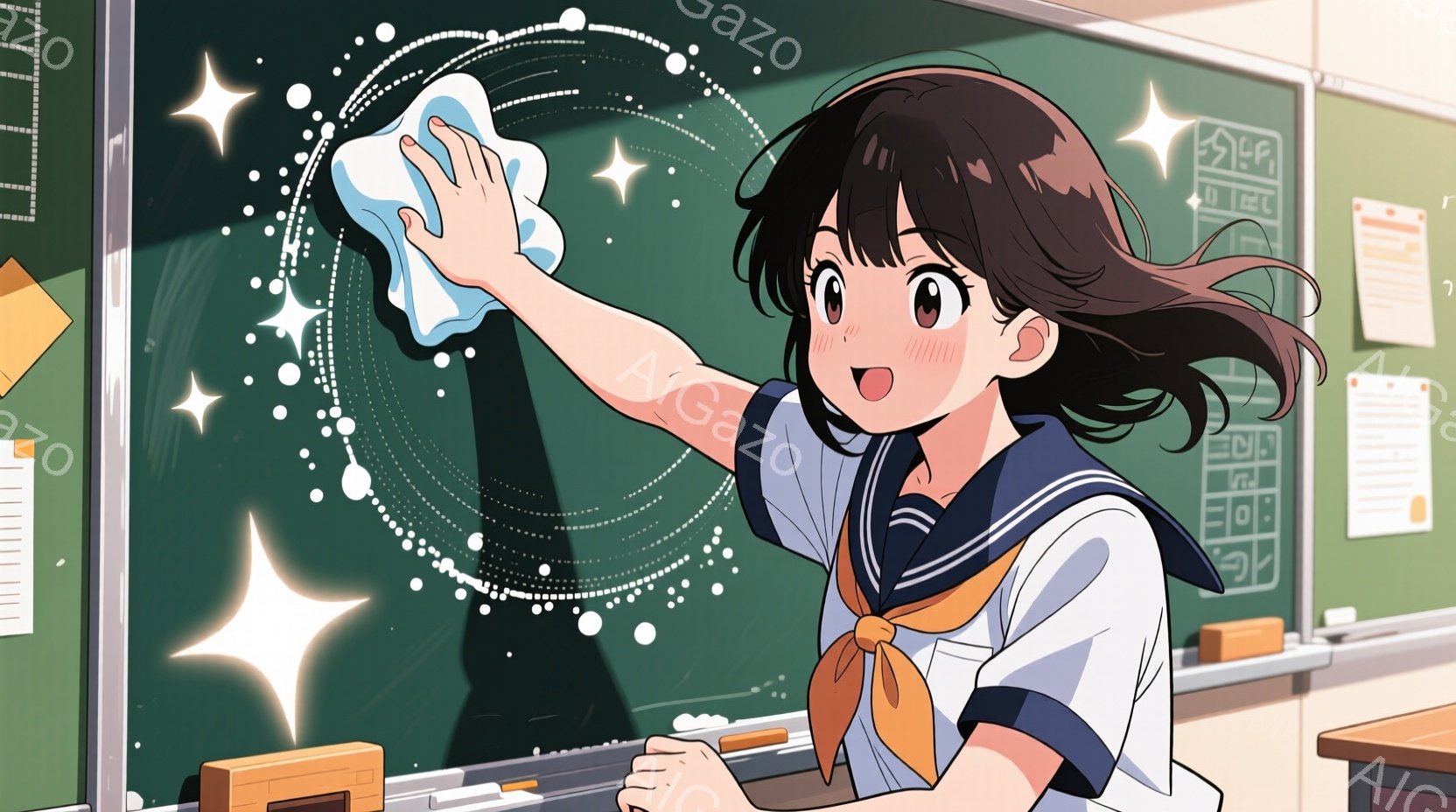 制服を着た少女が黒板を拭いています。彼女は長い黒髪で、前髪は少しカールしています。表情は明るく、少し頬を赤らめており、活気のある雰囲気が漂っています。 - AI生成フリー素材