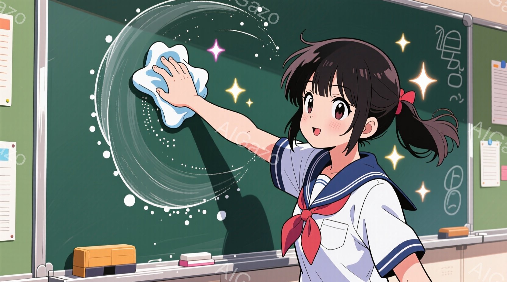 黒髪の少女が、教室の黒板を拭き掃除をしている様子が描かれています。セーラー服と赤いリボンが特徴で、笑顔で前向きな表情をしています。背景には、机の上にある文房具や、教室の壁が見え、清潔で明るい雰囲気が漂 - AI生成フリー素材