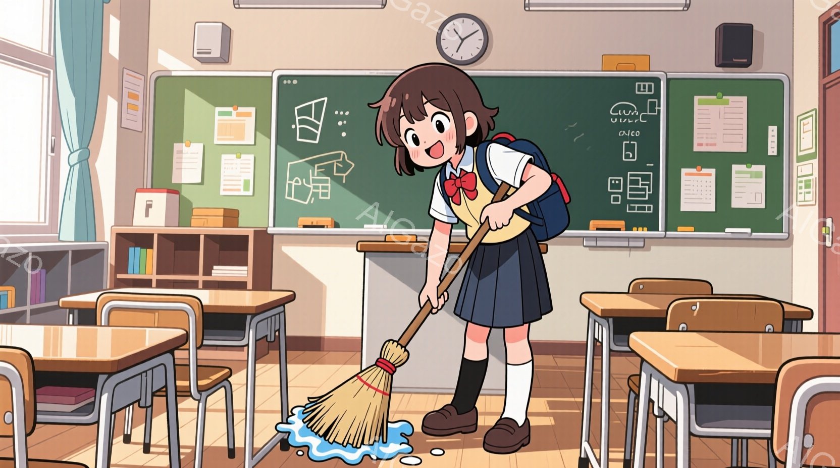 制服を着た女子学生が教室でモップがけをしている様子が描かれています。彼女は茶色のショートヘアで、笑顔で前かがみになり、モップを左右に動かしています。教室には木製の机と椅子が整然と並び、黒板には何らかの - AI生成フリー素材