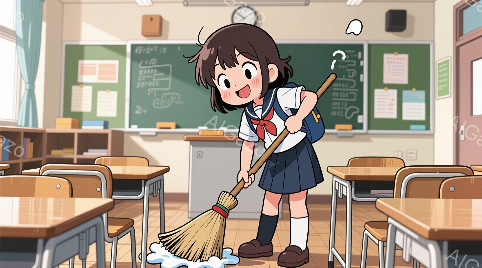 茶髪の少女が教室で掃き掃除をしている様子が描かれています。彼女は紺色のセーラー服に赤いリボン、茶色のローファーを履いており、前髪を少し撫で付けたショートヘアです。教室には木製の机と椅子が並び、黒板には - AI生成フリー素材
