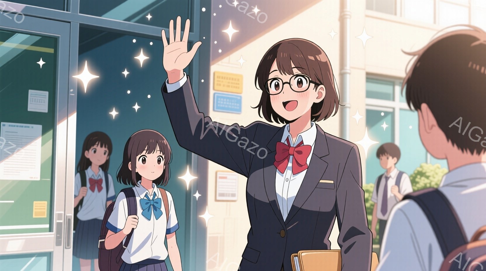 画像は高校生のような少女が描かれており、紺色のブレザーに赤いリボン、白いシャツを着ています。彼女は明るい笑顔で手を振っており、周りには他の制服を着た生徒たちがいます。背景は学校の廊下で、窓から差し込む - AI生成フリー素材