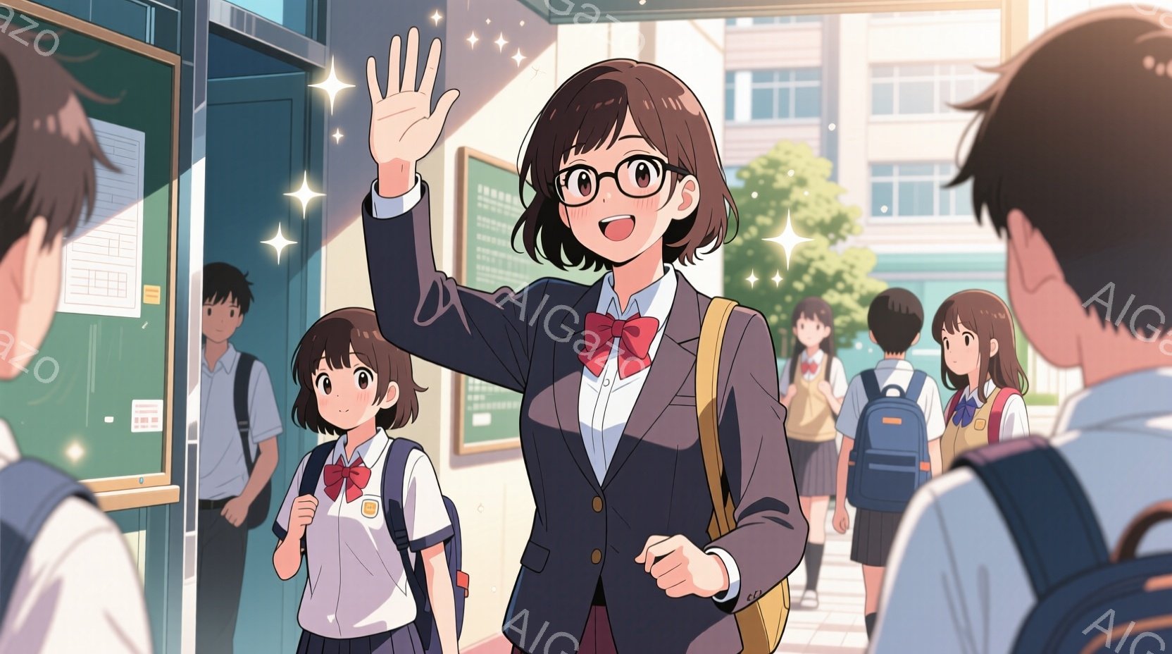 制服姿の学生たちが校舎の外に立っている様子が描かれています。一人の女子学生は、黒縁メガネをかけ、明るい笑顔で手を振っており、紺色のブレザーに赤いリボンを付けています。背景には、明るい日差しが差し込む校 - AI生成フリー素材