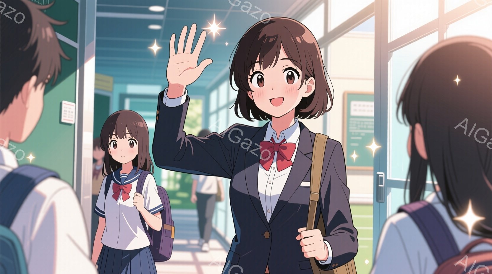 制服を着た女子高生が、手を振って笑顔を見せています。彼女は紺色のブレザーに赤いリボン、白いシャツを着ており、黒髪を肩まで伸ばしたヘアスタイルです。背景には、廊下や他の生徒がぼんやりと見え、明るく活気の - AI生成フリー素材