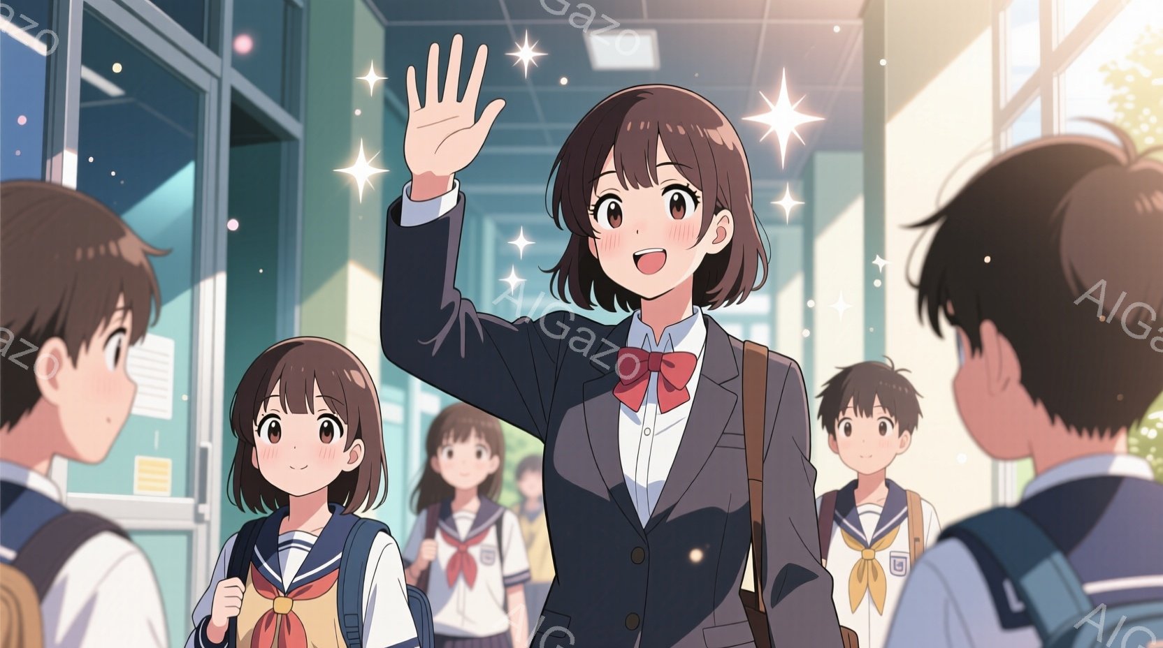 制服を着た女子高生が手を振っている様子を描いています。彼女は濃い茶色の髪を肩の長さで切り揃え、赤いリボンを付けています。背景には、他の制服姿の生徒たちがおり、学校らしき建物と、木々が見える晴れた日の風 - AI生成フリー素材