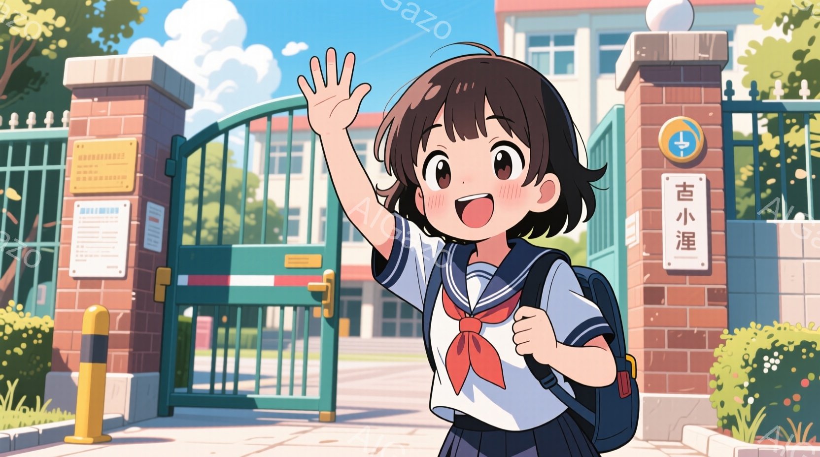 制服を着た若い女性が描かれています。彼女は短い茶色の髪で、片手を上げて笑顔で、まるで誰かに挨拶しているようです。背景には、レンガ造りの建物と緑の木々があり、晴れた空が広がっており、全体的に明るく元気な - AI生成フリー素材