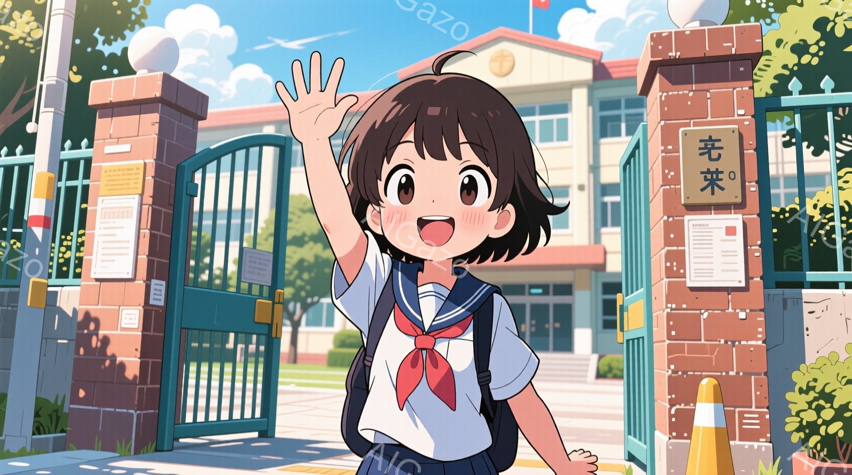 茶髪の少女が、制服姿で大きく手を振っています。紺色のリボンとブレザー、白いシャツに、肩に掛けられたリュックサックが特徴です。背景にはレンガ造りの校門と学校の建物、青空と緑豊かな木々が見え、晴れた日の明るい雰囲気が漂っています。