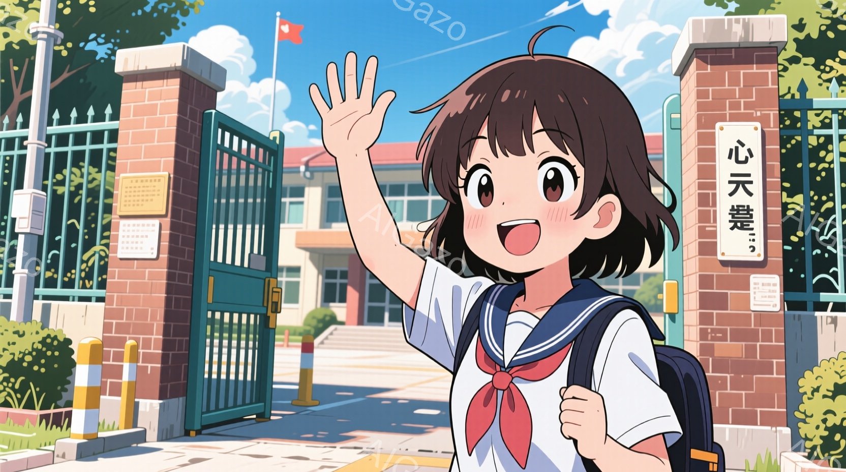 制服を着た若い女性が描かれています。彼女は短い茶色の髪で、明るい笑顔を浮かべ、片手を上げています。背景には、学校の建物、門、そして青空が広がっており、暖かい日差しが感じられます。