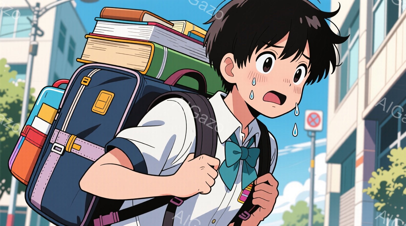 見たところ、男の子は紺色の制服に水色のネクタイとベストを着用しており、黒髪のショートヘアに汗をかいた表情をしている。彼は背中にたくさんの教科書を積んだ大きなランドセルを背負い、疲れて息を切らしているよ - AI生成フリー素材