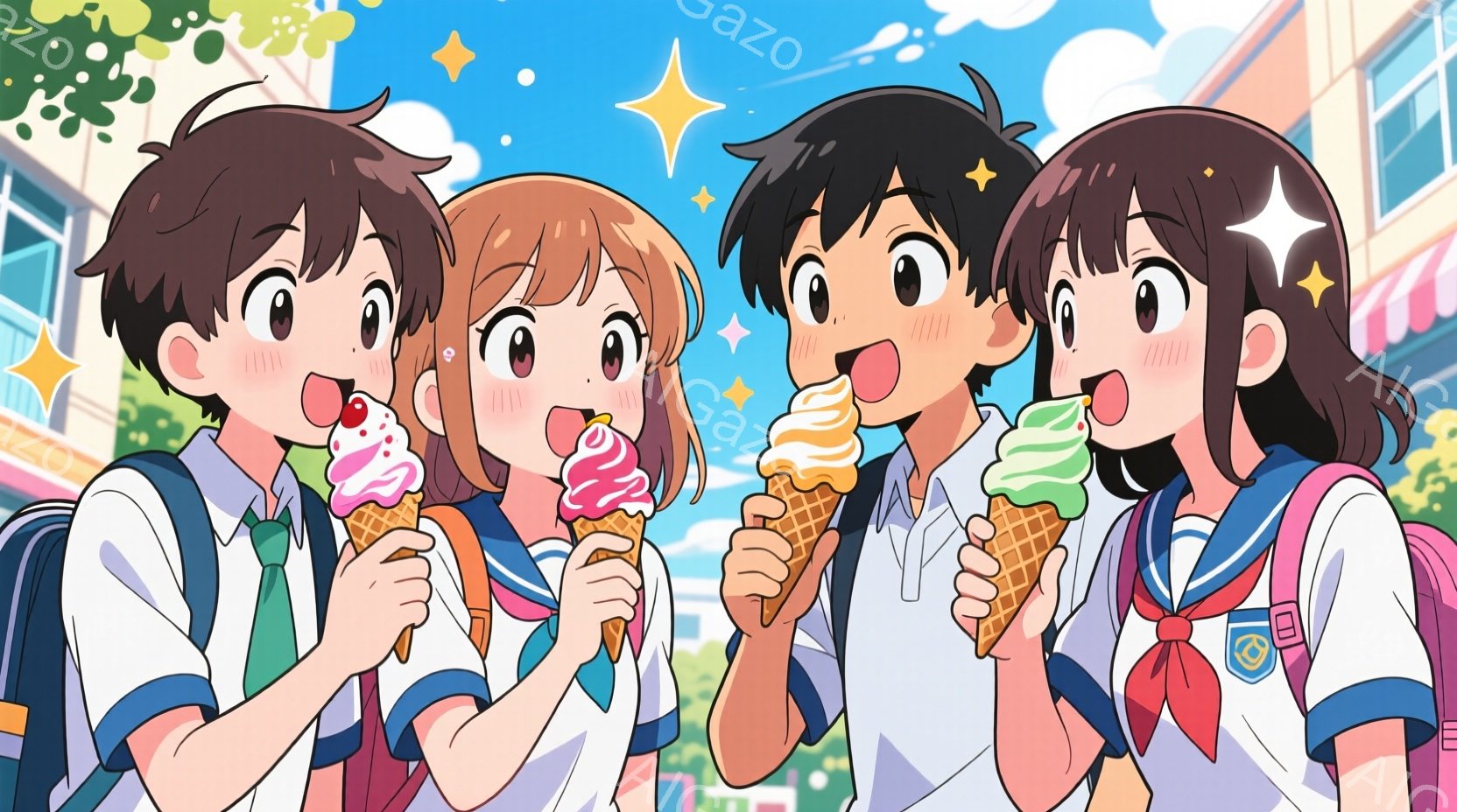 紺色の制服にネクタイとリボンを付けた、四人の高校生がアイスクリームを持っています。それぞれ表情豊かに笑顔で、楽しんでいる様子が伺えます。背景にはカラフルな建物と青空が広がり、春らしい明るい雰囲気です。 - AI生成フリー素材