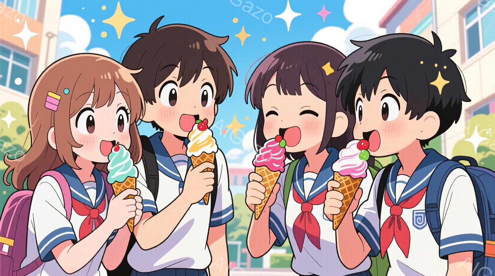 制服を着た若い男女がアイスクリームを持って笑顔で写っています。彼らは皆、肩にリュックサックを背負い、楽しそうにアイスクリームを食べています。背景には建物と青空が広がり、明るく元気な雰囲気を醸し出してい - AI生成フリー素材