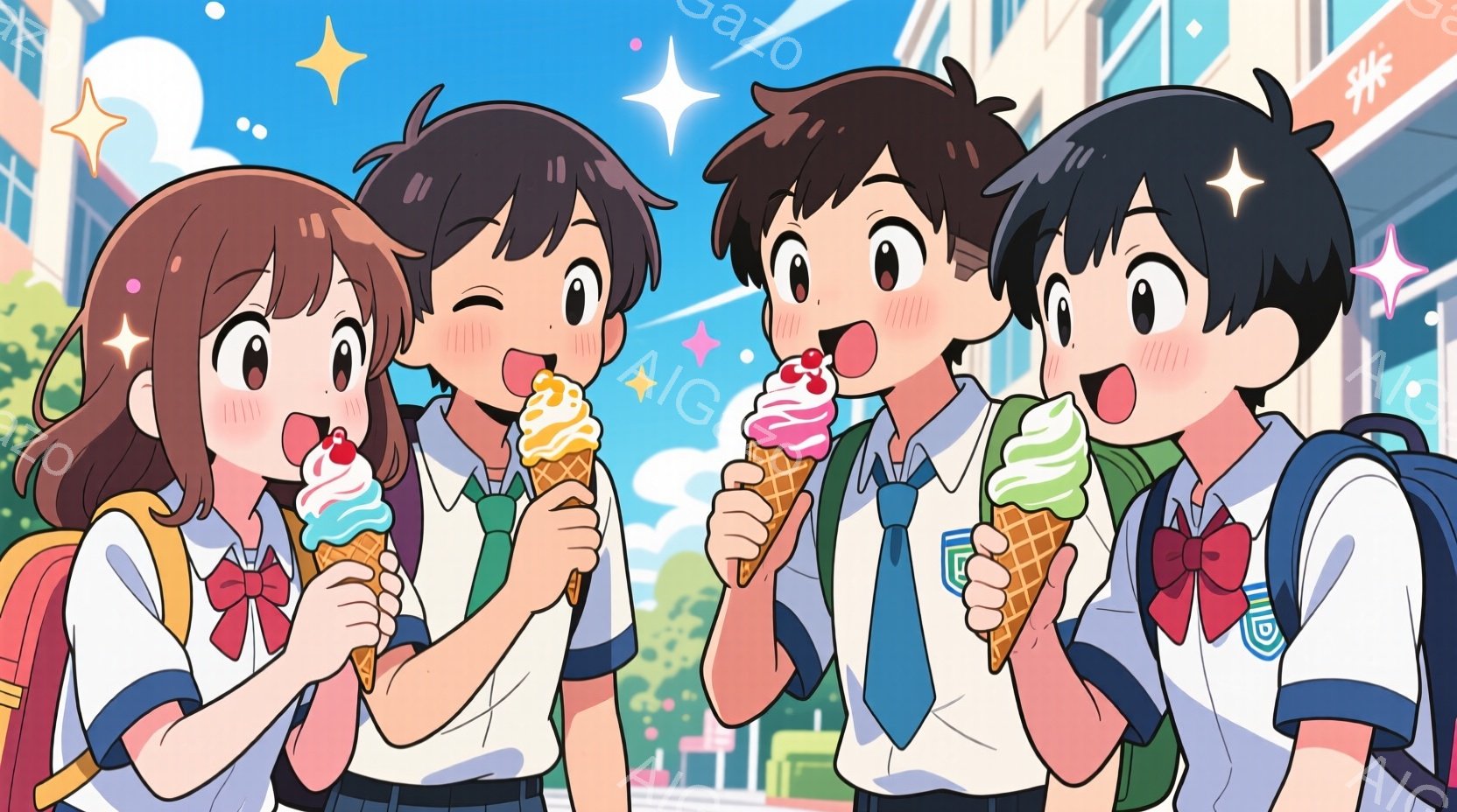 制服を着た男女3人がアイスクリームを持っています。女の子はオレンジ色の長い髪で、男の子たちは黒髪です。背景には建物や緑があり、晴れた空とキラキラしたエフェクトが、明るく楽しい雰囲気を醸し出しています。 - AI生成フリー素材