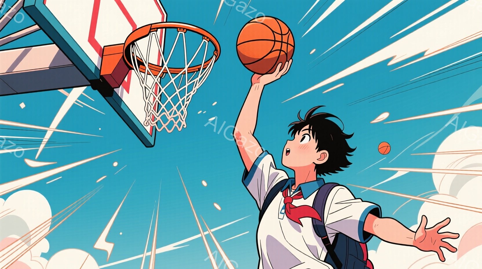 短い黒髪で、少し顔を上げた少年がバスケットボールをゴールにシュートしようとしている様子が描かれています。白い制服にネクタイとリュックサックを背負っており、躍動感のある姿勢と真剣な表情が印象的です。背景 - AI生成フリー素材