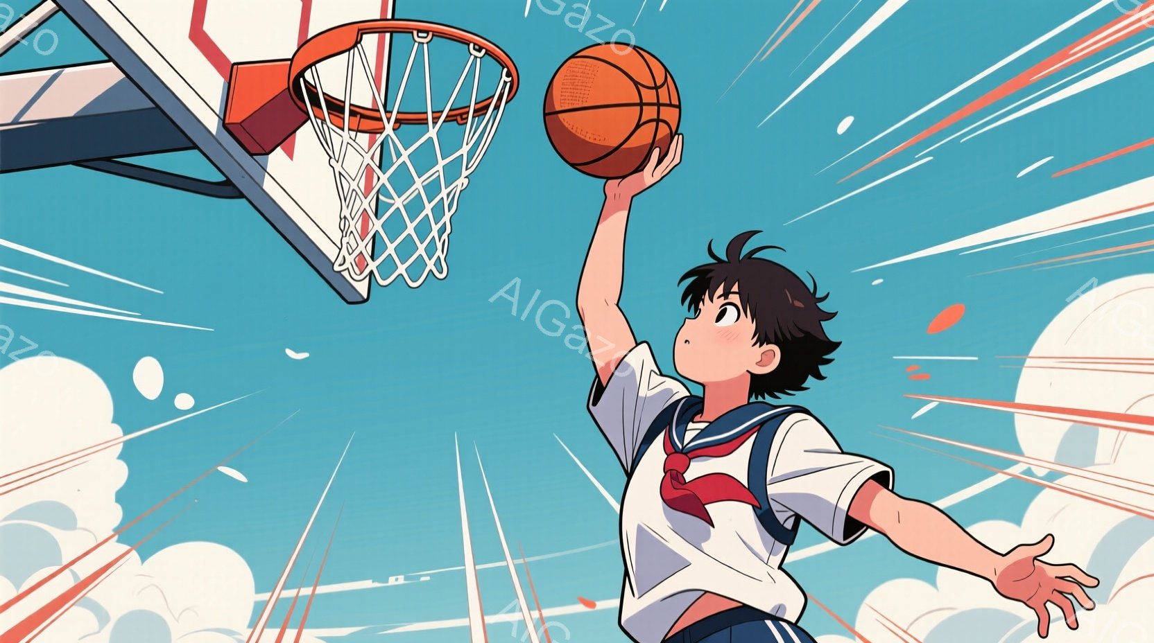 制服姿の少年がバスケットボールのリングに向かってジャンプシュートを放とうとしています。短髪で、やや緊張した表情を浮かべ、集中した眼差しでゴールを見つめています。背景は鮮やかな青空と、スピード感を強調す - AI生成フリー素材
