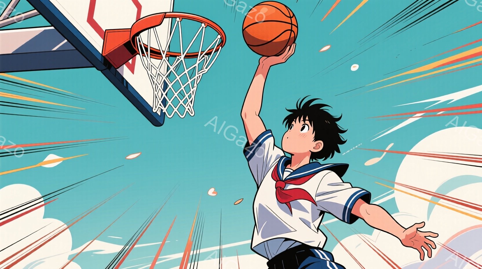 鮮やかなターコイズブルーの背景を背景に、制服を着た少年がバスケットボールのリングに向かってジャンプしている姿が描かれている。少年は短い黒髪で、明るい笑顔を浮かべ、白いシャツと濃い青色のズボン、赤いネク - AI生成フリー素材