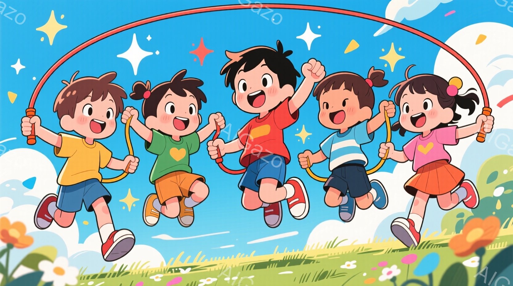 明るい青空の下、5人の子供たちが縄跳びをして飛んでいます。それぞれ異なる色の服を着ており、髪型も少しずつ違っていますが、皆楽しそうな笑顔を浮かべています。背景には緑の草原と白い花、そしてキラキラと輝く - AI生成フリー素材