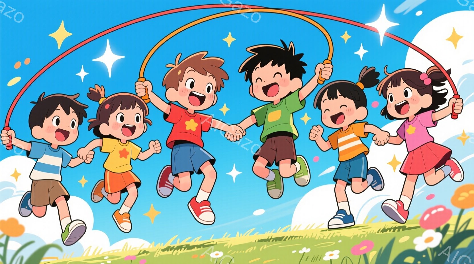 明るい青空の下、６人の子供たちが手をつないでジャンプしています。子供たちはそれぞれ異なる色の服を着ており、短い髪型で元気な表情をしています。背景には緑の丘とカラフルな花々が広がり、キラキラした星が空に - AI生成フリー素材