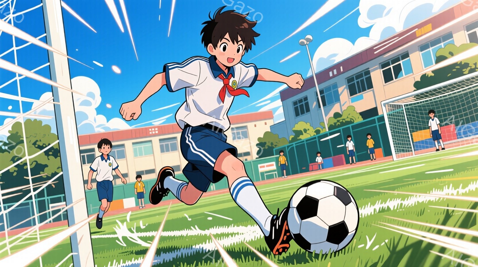 少年はサッカーボールを蹴り上げ、躍動感に満ちたポーズをとっています。彼は白いシャツに濃い青色の短パン、白いソックスと黒いスパイクを履き、短い茶色の髪をしています。背景には、青空の下、緑の芝生と建物が見 - AI生成フリー素材