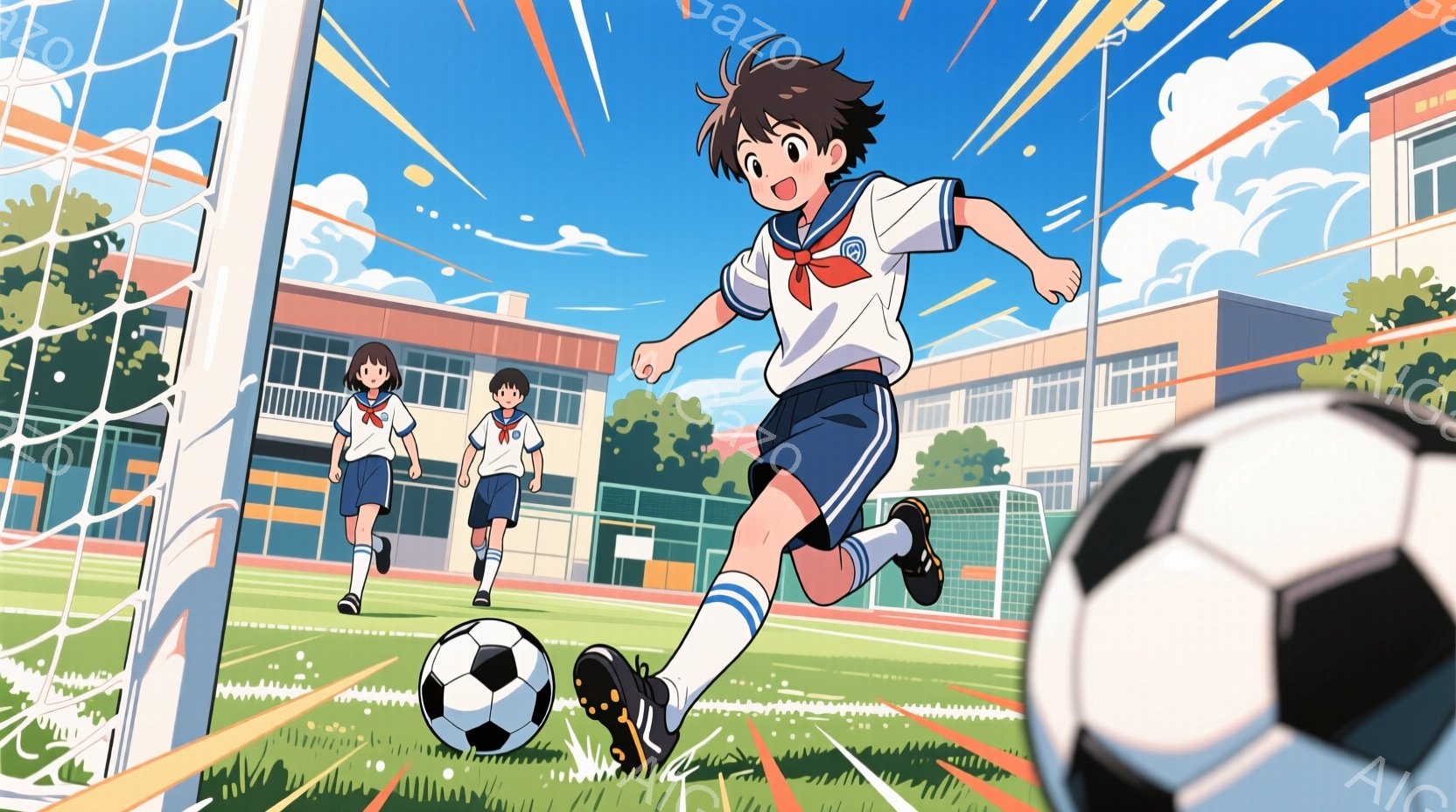 少年はサッカーボールを蹴り上げ、ダイナミックな姿勢でゴールを目指している。彼は白いシャツに紺色の短パン、そして白い靴下と黒いスパイクを履いており、髪は短く、表情は真剣だ。背景には青空と白い雲、そしてレ - AI生成フリー素材