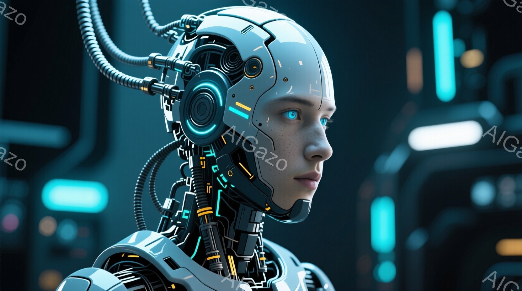 サイバーパンク風の女性のポートレートで、顔の半分が複雑な機械構造で覆われている。彼女は青い瞳で正面を見据え、やや憂いを帯びた表情を浮かべている。背景は暗く、ネオンブルーの光が流れるサイバー空間のインタ - AI生成フリー素材