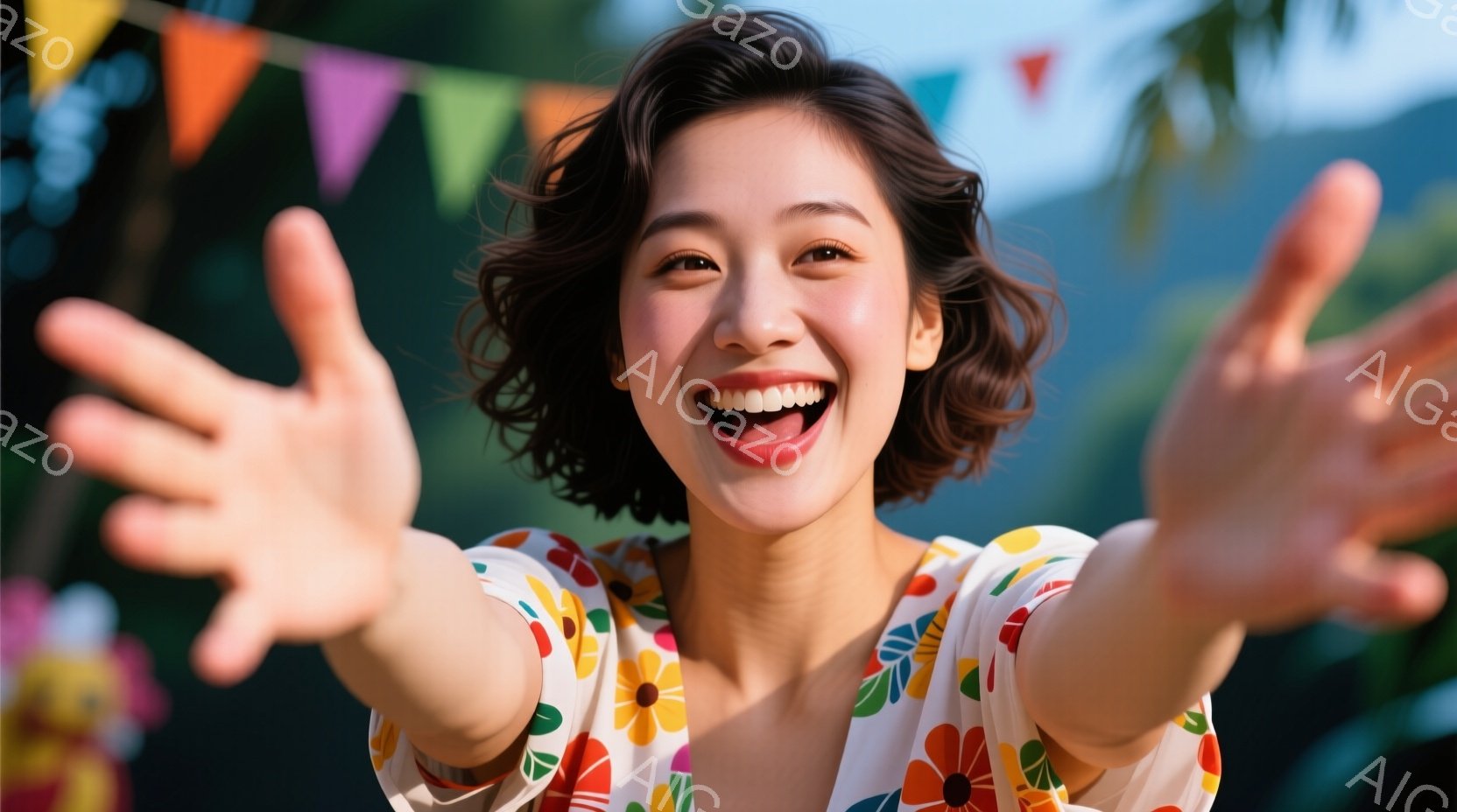 明るい笑顔を浮かべた若い女性が、両手を広げてカメラに向かってポーズをとっています。白い背景に大きな花柄が描かれたドレスを着ており、肩まで伸びた茶色の巻き髪が特徴的です。背景にはカラフルな旗が飾られており、屋外で晴れた日の楽しい雰囲気が伝わってきます。