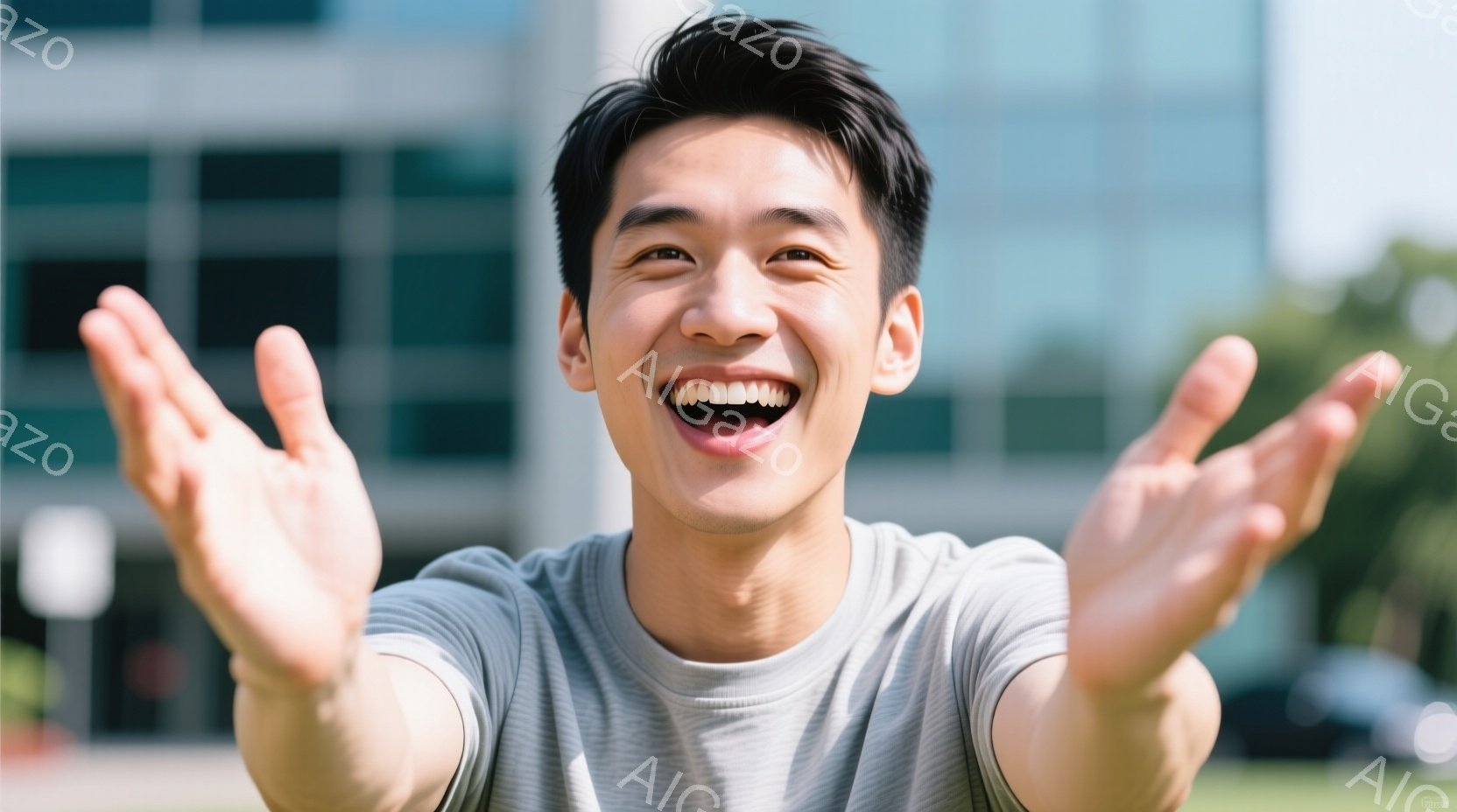 若い男性が笑顔で両手を広げています。彼はグレーのTシャツを着ており、黒髪で短髪です。背景には建物と緑の木々が見え、晴れた日の屋外で撮影されたようです。 - AI生成フリー素材