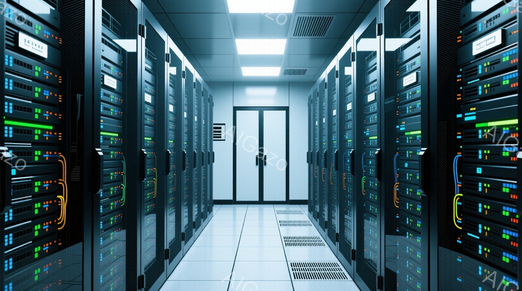サーバーラックが左右に並んだデータセンター内部の様子を示しています。ラックには様々な色のLEDライトが点灯しており、稼働状況を示しているようです。床は光沢のあるタイルで、天井には蛍光灯が設置されており、無菌的で近未来的な雰囲気を醸し出しています。