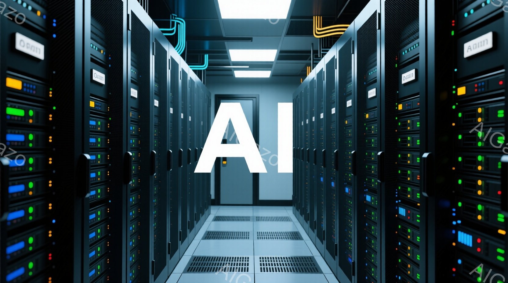 サーバーラックが整然と並んだデータセンターの通路を示しています。ラックには様々な色のライトが点灯しており、通路の中心には「AI」という文字が浮かび上がっています。全体的に、未来的なテクノロジーとデジタルインフラストラクチャの雰囲気が漂っています。