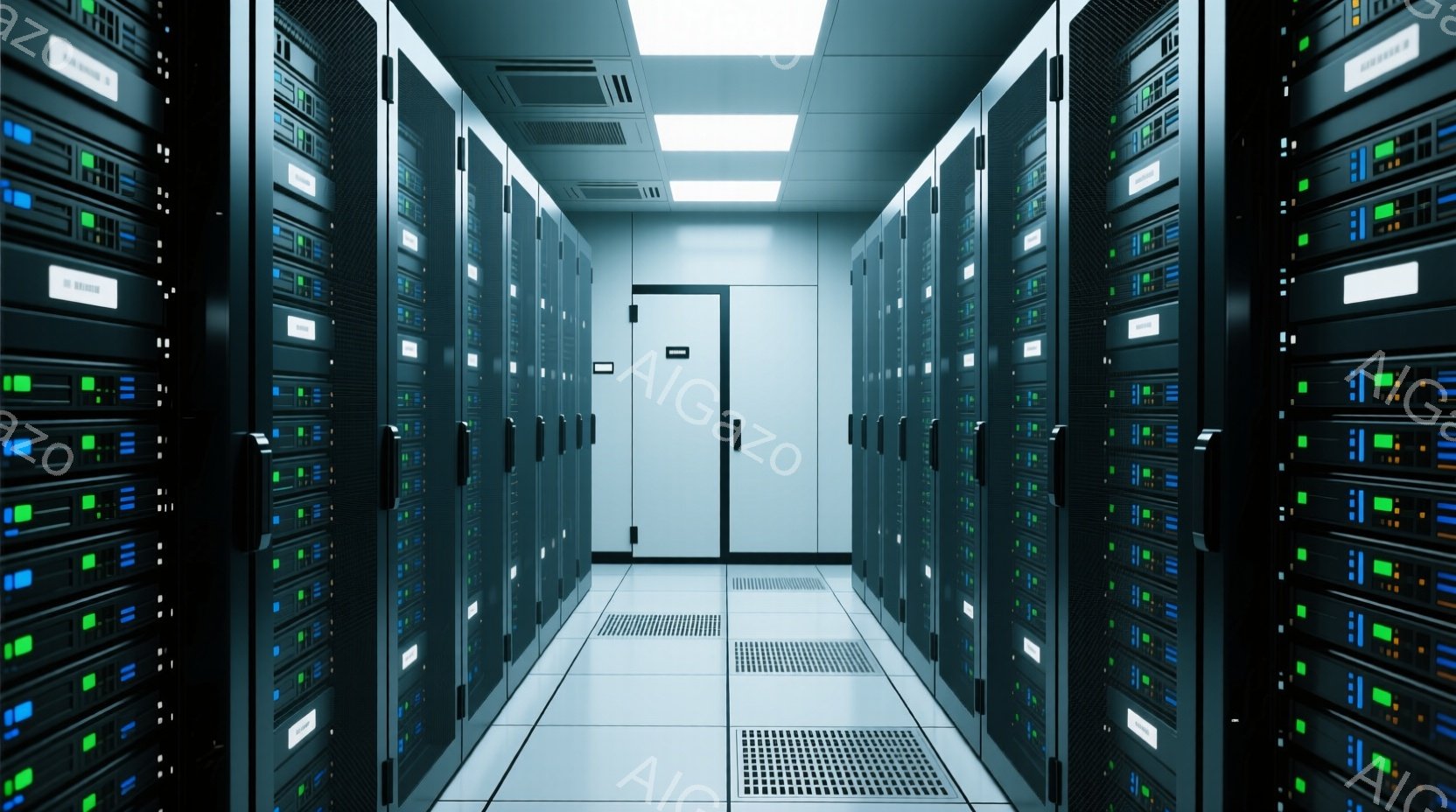 画像はサーバーラックが整然と並んだデータセンターの廊下を捉えています。各ラックには多数の点灯したインジケーターライトがあり、青や緑の色が確認できます。廊下の床は光沢のあるグレーで、天井には蛍光灯が設置されており、全体的に清潔で技術的な雰囲気が漂っています。