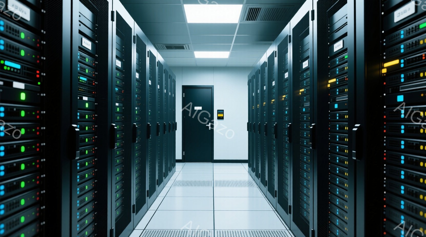 サーバーラックが整然と並んだデータセンターの廊下を捉えています。ラックには、緑、赤、青、黄色の光が点滅する様々なサーバーが収められており、廊下の床と天井は白く清潔です。この環境は、高度な技術とデータ処理の中心地であることを示唆しており、冷たい光と整然とした配置が、無機質で効率的な雰囲気を醸し出しています。