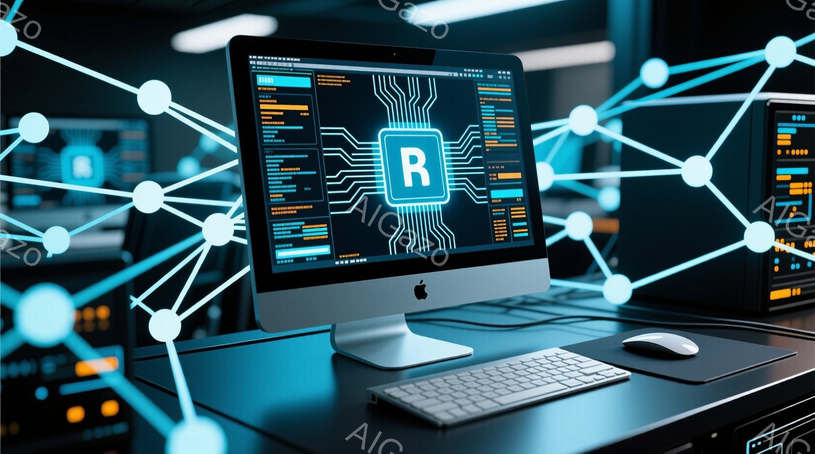 暗い部屋で、未来的な光のネットワークに囲まれた、明るいモニターが映し出されたデスクトップコンピュータを示しています。モニターには、複雑なコードと中央に大きな「R」が表示されています。全体として、テクノ - AI生成フリー素材